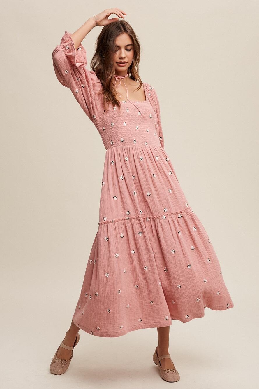 Mauve Pink Floral Embroidered Smocked Tiered Midi Dress